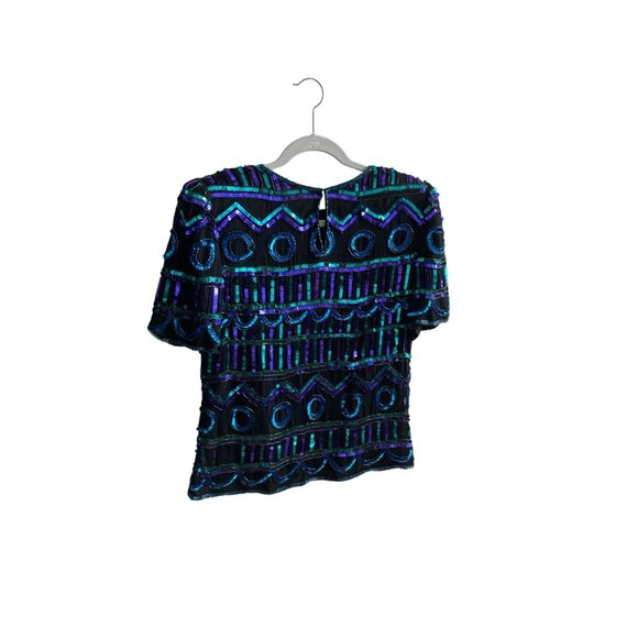 Vintage Laurence Kazar Sequined Silk Top Black Blue Green Short Sleeve Petite Me - Picture 2 of 10